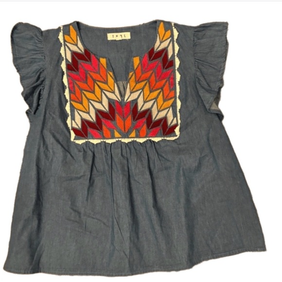 THML Tops - THML Blue Top with Colorful Embroidery